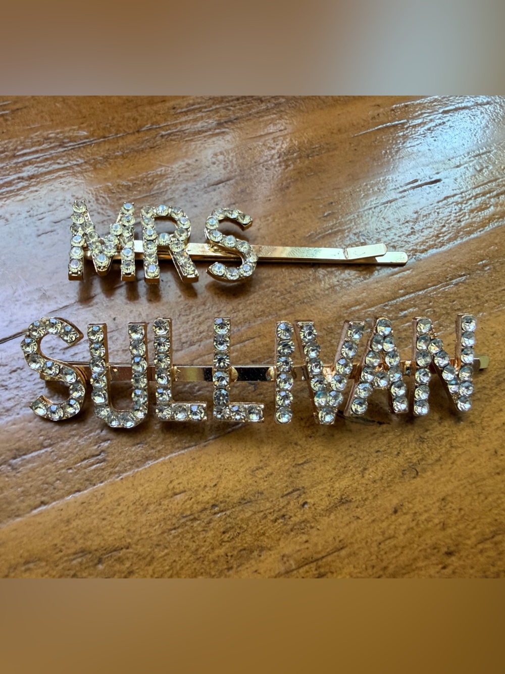 Rhinestone 'MRS' and 'SULLIVAN' Gold Hairpin Set Wedding, Bridal Shower